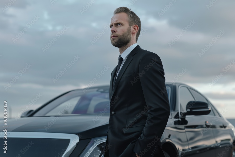 A poised man in a sharp suit stands confidently beside a sleek car, embodying success and sophistication. A poised man in a sharp suit stands confidently beside a sleek car, embodying success and sophistication.