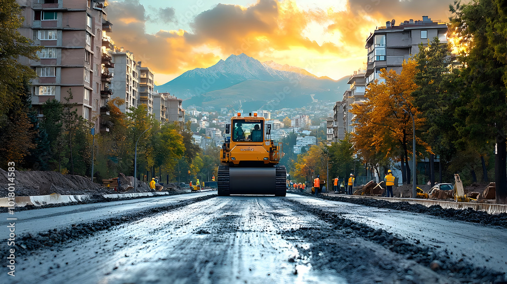 Construction scene with a road roller on a city street at sunset. Construction scene with a road roller on a city street at sunset.