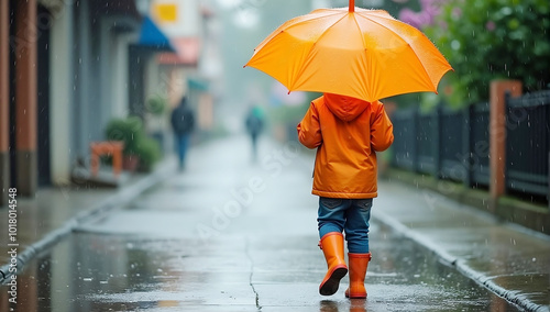 A young child wearing rain boots and holding an orange umbrella, walking on a wet sidewalk with puddles and rain drops