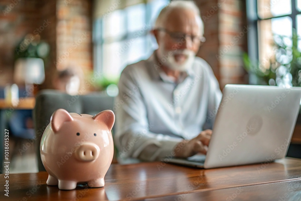 Pension. Saving money. Savings. Piggy bank in the form of a pig in close-up. An elderly man learns how to interact with a laptop in online payments, finance, loans, transactions. Pension. Saving money. Savings. Piggy bank in the form of a pig in close-up. An elderly man learns how to interact with a laptop in online payments, finance, loans, transactions.