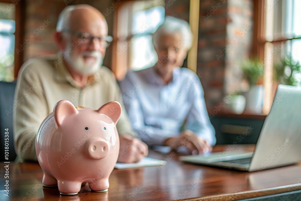 Pension. Saving money. Savings. Piggy bank in the form of a pig in close-up. An elderly man learns how to interact with a laptop in online payments, finance, loans, transactions. Pension. Saving money. Savings. Piggy bank in the form of a pig in close-up. An elderly man learns how to interact with a laptop in online payments, finance, loans, transactions.