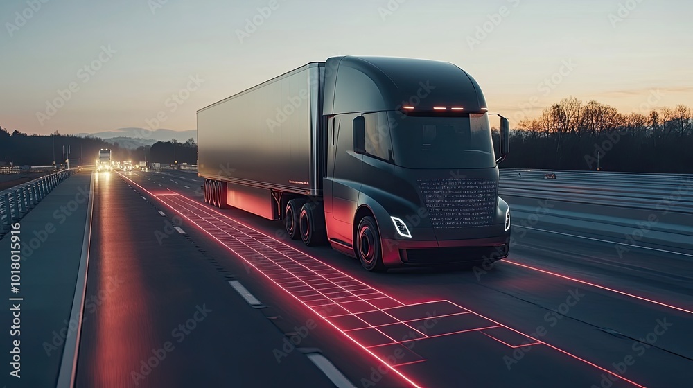 Futuristic Self-Driving Electric Truck on Highway – Autonomous EV Freight Vehicle for Sustainable Transportation, Advanced Technology in Logistics and Eco-Friendly Shipping