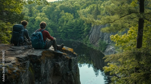 At the forest's cliffs, two hikers unwind.