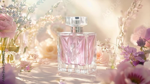 Elegant square glass perfume bottle, placed on a table surrounded by lavender sprigs.