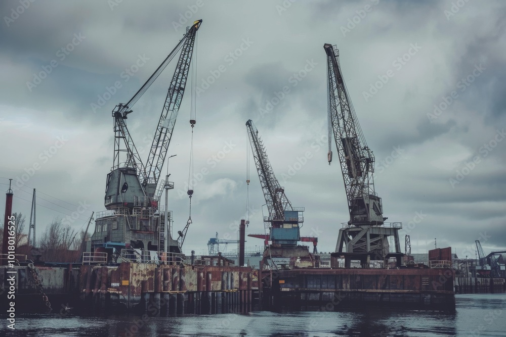 Towering cranes dominate a harbor scene under moody skies, evoking strength and industry amidst nature's backdrop. Towering cranes dominate a harbor scene under moody skies, evoking strength and industry amidst nature's backdrop.