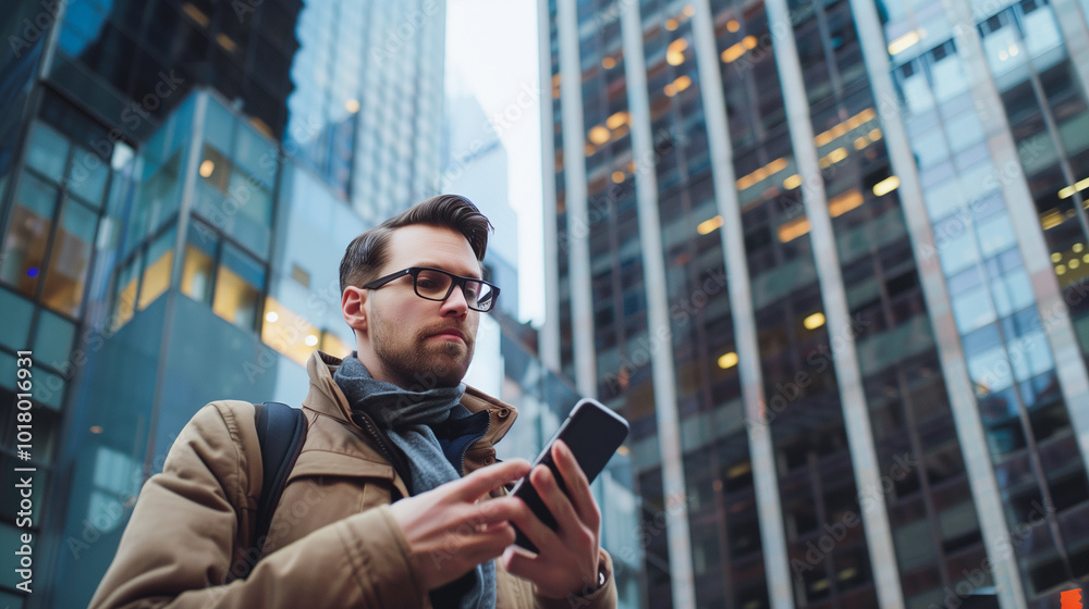 Businessman using mobile phone outside of office. Businessman using mobile phone outside of office.