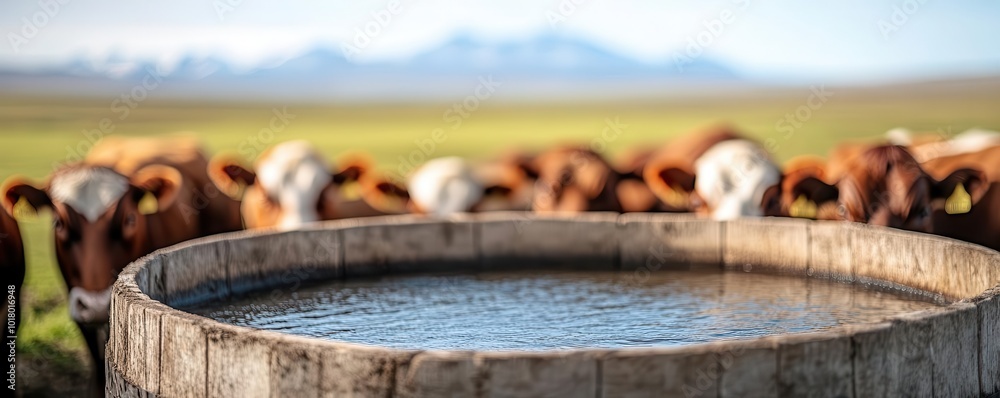 Naklejka premium A tranquil rural scene featuring cows gathered around a wooden water trough, surrounded by lush fields and distant mountains.
