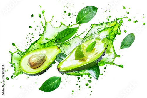 Avocado sliced and leaf with splashes isolated on white background.