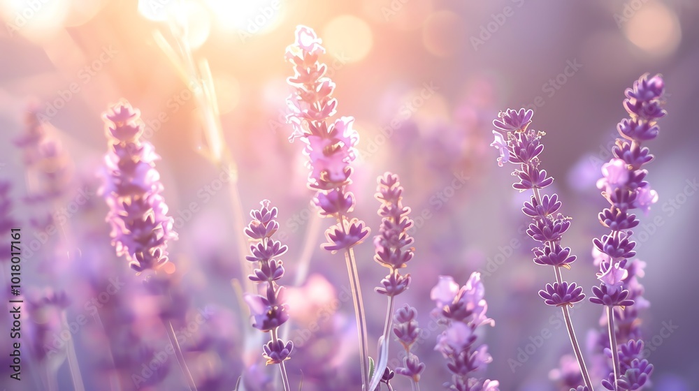 Naklejka premium A field of lavender flowers at sunset.