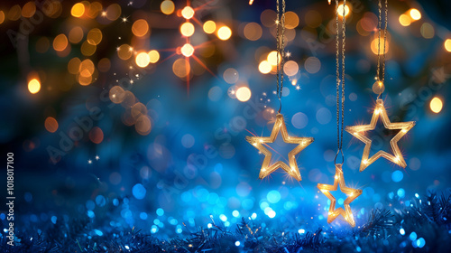 Christmas stars with light string hanging at fir branches for season greetings holiday.