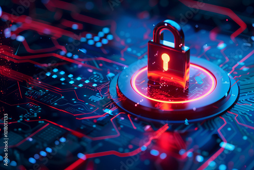 Padlock on mainboard computer, internet information privacy network security, data protection.
