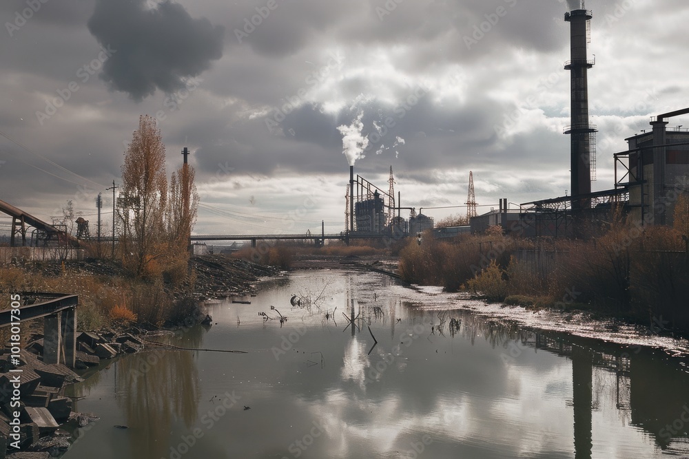Obraz premium Industrial landscape under a moody sky, with smoke rising, reflecting environmental concerns amidst stark beauty.