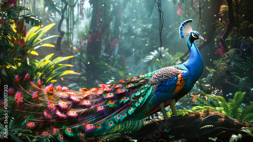 Colourful peacock in futuristic forest.
