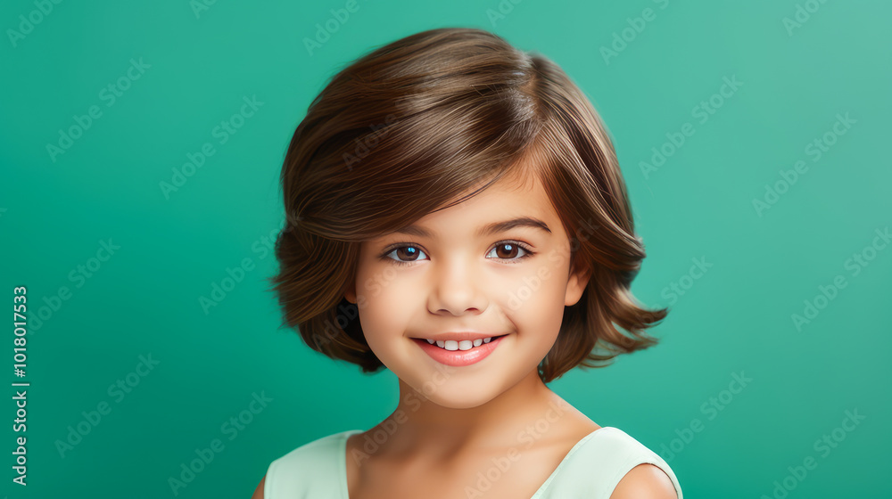 Portrait of smiling latin american girl child green background.