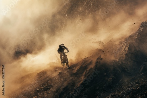 A cyclist fearlessly descends a dusty mountain slope, kicking up clouds of dirt as the golden sunlight enhances the dramatic scene.