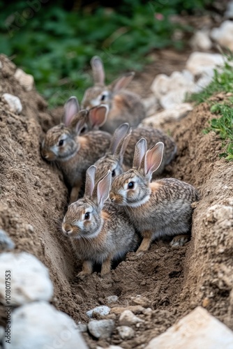 A group of rabbits huddled together in a shallow trench in a natural setting.