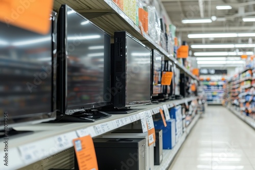 Discounted Electronics Display: A section of a store showcasing discounted electronics like TVs, laptops, and gaming consoles. Bright sale signs and banners emphasize the steep discounts.  photo