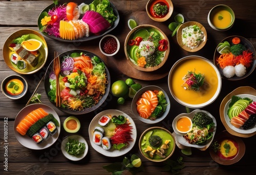 Wallpaper Mural vibrant dynamic flat lay featuring trending colorful food dishes eye catching presentation, appetizing, bowl, bright, composition, culinary, delightful Torontodigital.ca