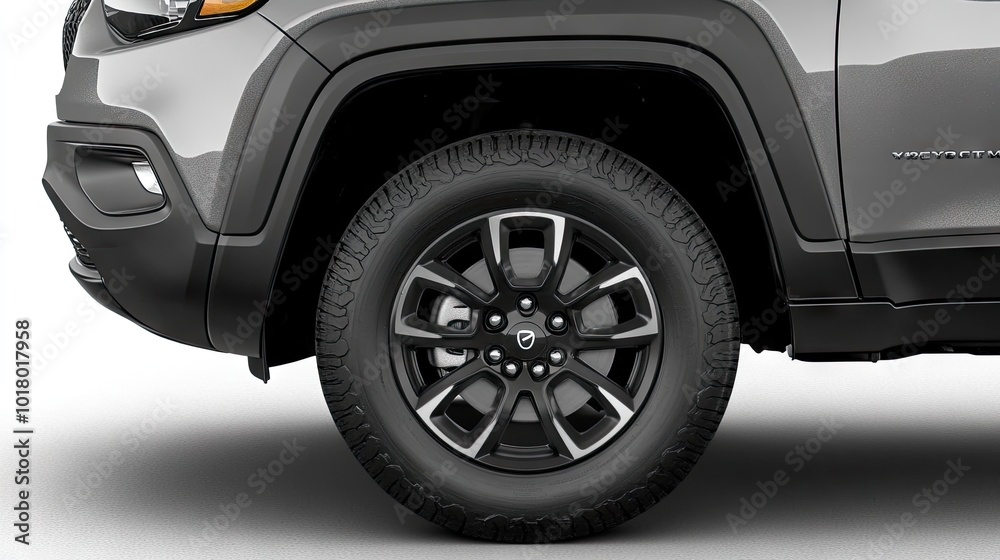 A sleek black tire with a rugged rubber tread, paired with a modern alloy wheel, displayed on a black surface. A sleek black tire with a rugged rubber tread, paired with a modern alloy wheel, displayed on a black surface.