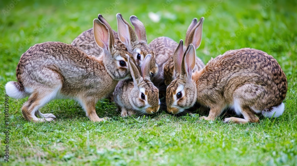 Obraz premium A group of five rabbits gathered on green grass, showcasing their natural behavior.