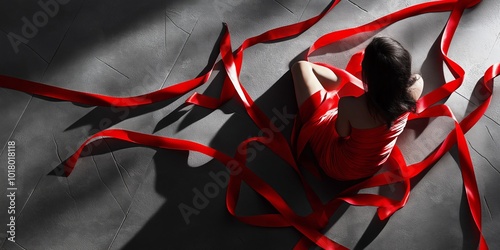 A woman is wrapped in red ribbons, struggling to free herself, symbolizing entrapment, obstacles, and inner conflict, selective focus

