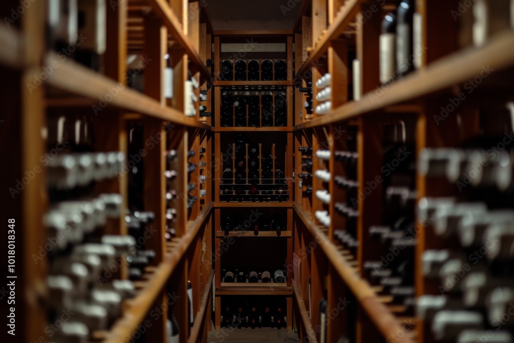 A dimly lit wine cellar filled with rows of meticulously arranged bottles, exuding an aura of mystery and exclusivity. A dimly lit wine cellar filled with rows of meticulously arranged bottles, exuding an aura of mystery and exclusivity.