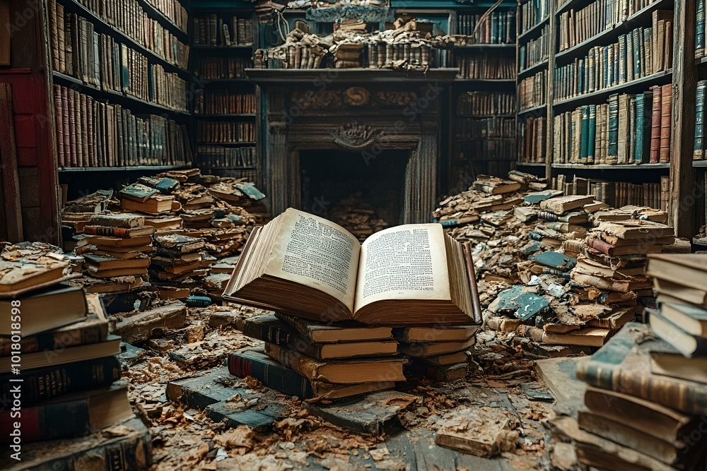 Obraz premium a pile of books in a room with a fireplace