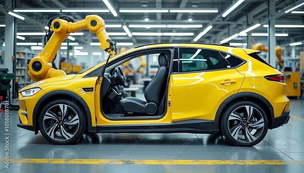 Naklejka premium automation manufacturing of yellow painted electric car half completed side view produced by robotic arms isolated burry background