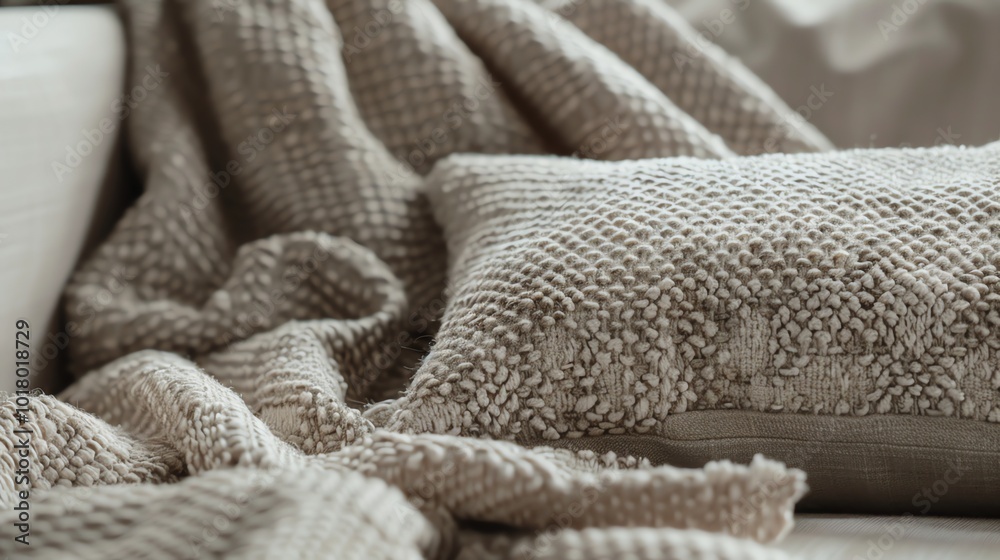 A closeup of a beige textured throw blanket and pillow. A closeup of a beige textured throw blanket and pillow.