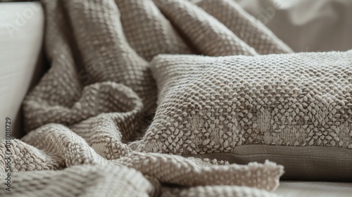 A closeup of a beige textured throw blanket and pillow.