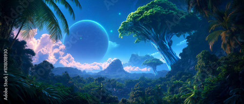 Fototapeta Naklejka Na Ścianę i Meble -  A fantasy landscape of an alien planet with a lush green jungle towering trees and a blue sky with two moons