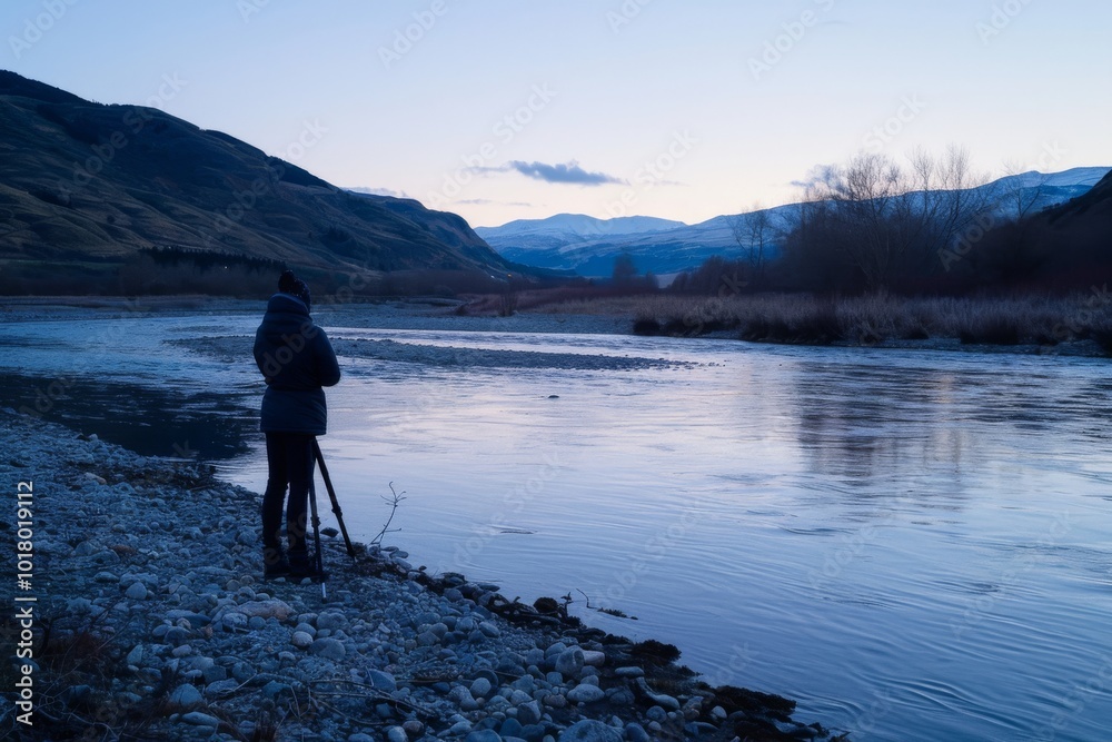 Fototapeta premium A photographer captures the serene beauty of a river flowing through a picturesque valley at twilight.