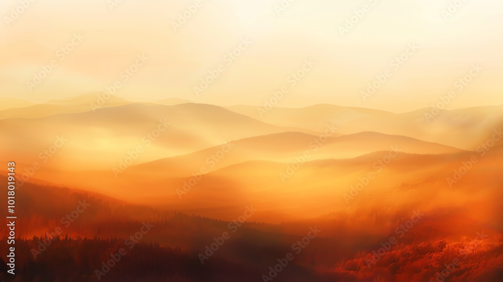 A misty mountain range at sunrise. A misty mountain range at sunrise.