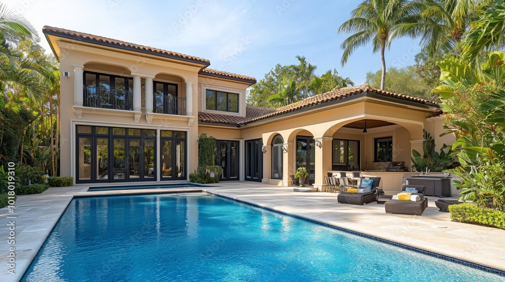 Fototapeta premium A beautiful two-story, luxurious home in the Miami area with an outdoor pool and large windows