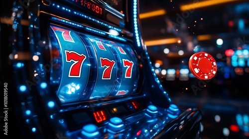 A blue slot machine with three reels, spinning and glowing in the dark background. The numbers on each side of it show 