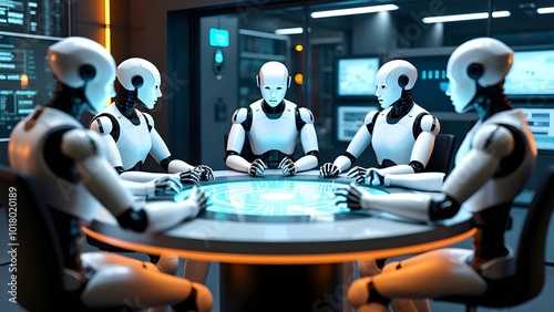 A humanoid robot discussing somthing in a futuristic lab, surrounded by other robots.