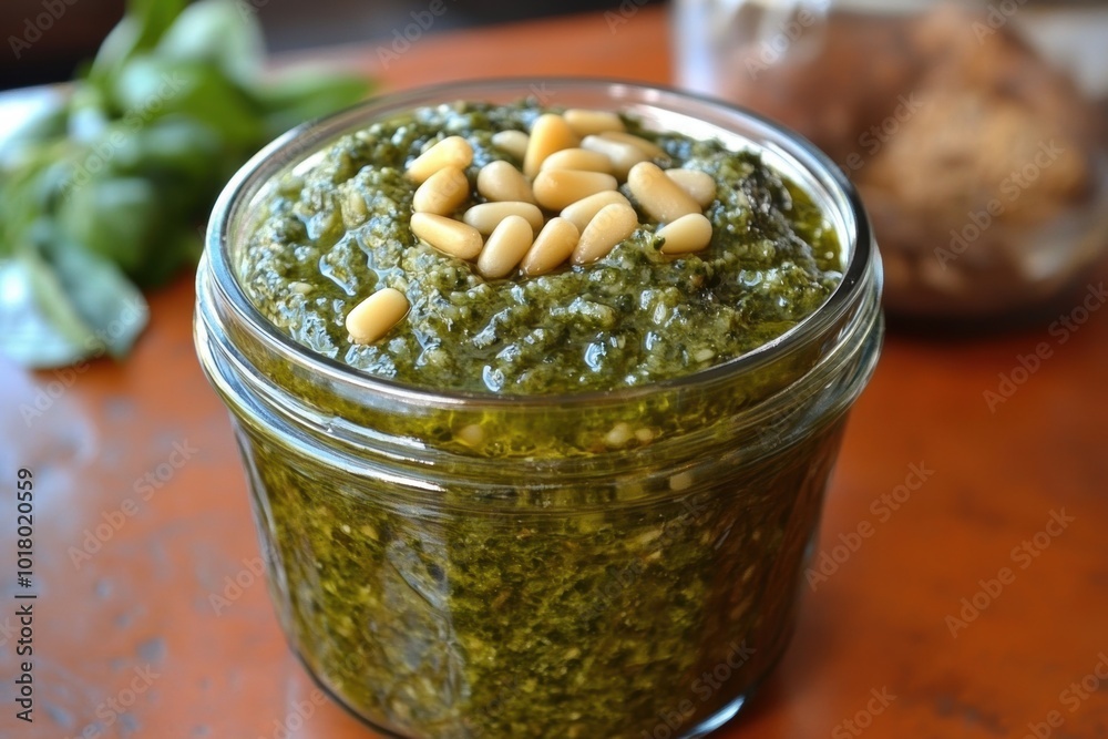 gourmet cooking scene, jar of pesto adorned with pine nuts and parmesan sits on cozy kitchen table, creating an inviting culinary atmosphere gourmet cooking scene, jar of pesto adorned with pine nuts and parmesan sits on cozy kitchen table, creating an inviting culinary atmosphere