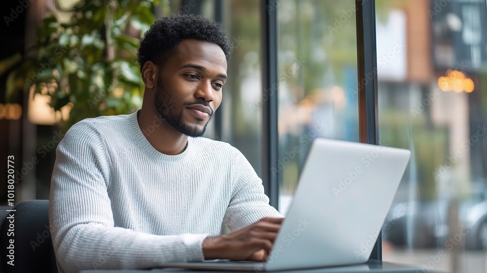 Young Man Working on Laptop in Modern Café Setting