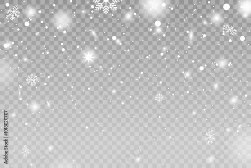 Snowflakes and blizzard on a transparent background. Christmas Winter Falling Snowflakes. New Year snowstorm or blizzard realistic backdrop.