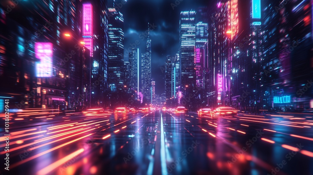 A dynamic cityscape at night, with vibrant neon lights and skyscrapers in motion blur A dynamic cityscape at night, with vibrant neon lights and skyscrapers in motion blur