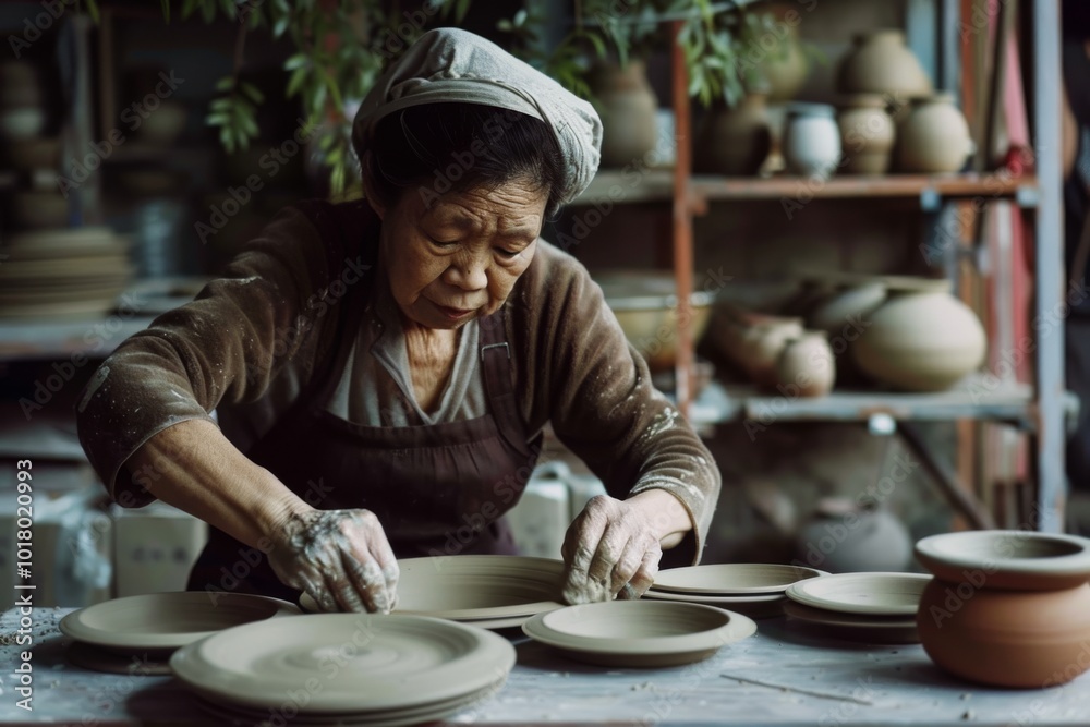 An elderly artisan meticulously shapes clay on a table, surrounded by an array of pottery pieces in a rustic workshop. An elderly artisan meticulously shapes clay on a table, surrounded by an array of pottery pieces in a rustic workshop.