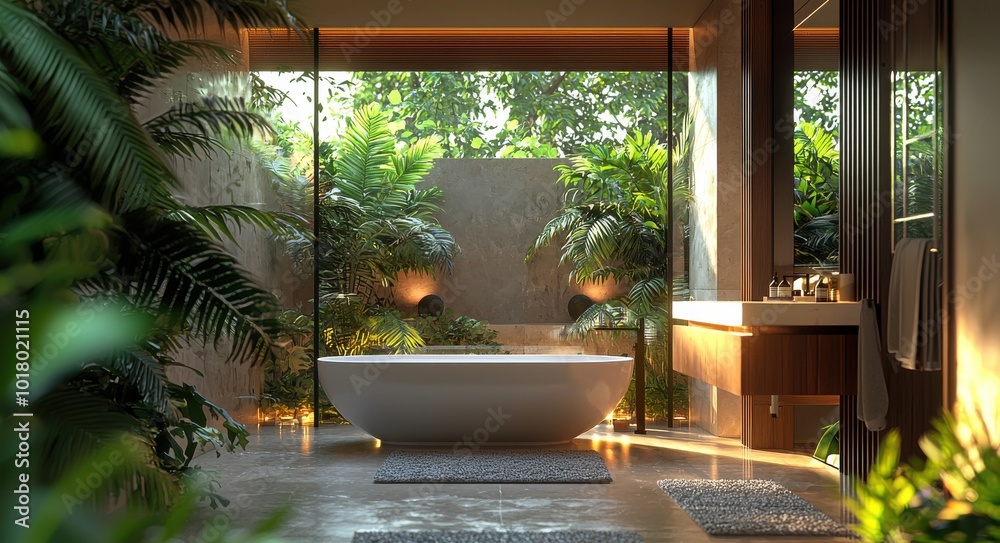 Modern bathroom oasis with a white freestanding bathtub surrounded by lush greenery and natural light Modern bathroom oasis with a white freestanding bathtub surrounded by lush greenery and natural light