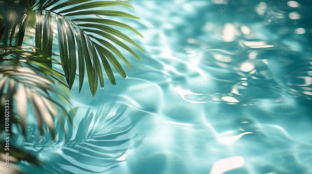A light blue background with palm leaves and water ripples, creating an elegant summer atmosphere. A light blue background with palm leaves and water ripples, creating an elegant summer atmosphere.
