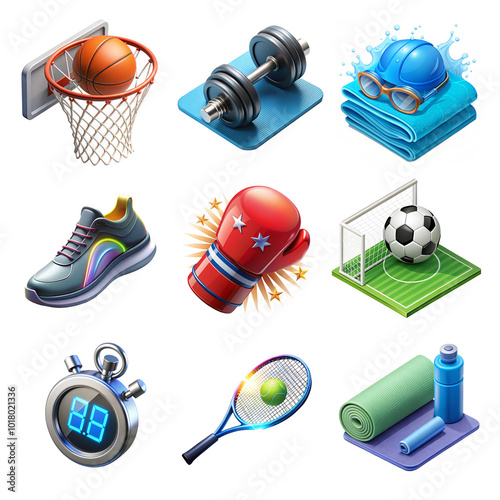 Set of colorful sports icons featuring basketball, dumbbell, swimming gear, running shoe, boxing glove, soccer, stopwatch, tennis racket, and yoga mat