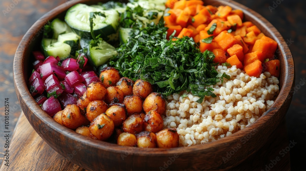A vibrant salad bowl filled with fresh vegetables and grains. A vibrant salad bowl filled with fresh vegetables and grains.