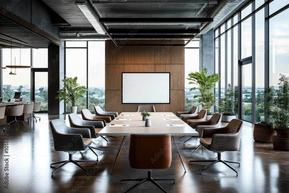 Modern conference room with a large table, swivel chairs, a blank presentation screen, large windows providing natural light, and indoor plants for decoration. Modern conference room with a large table, swivel chairs, a blank presentation screen, large windows providing natural light, and indoor plants for decoration.