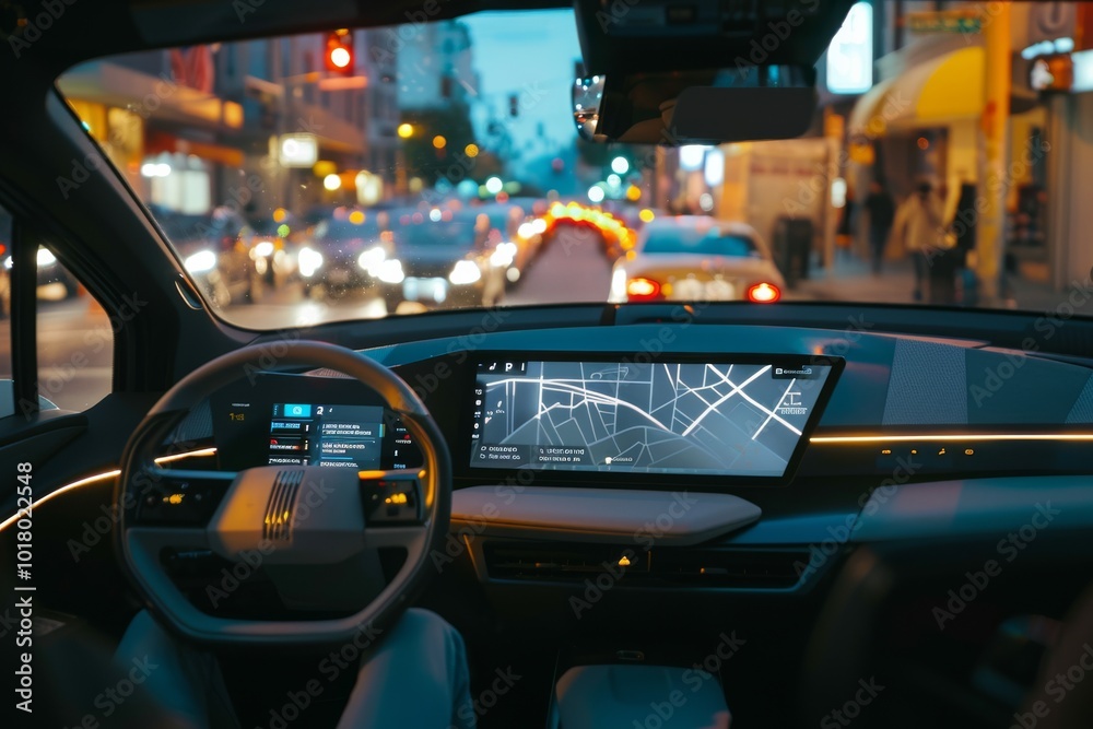 An illuminated dashboard inside a modern car offers a glimpse into the neon-filled urban landscape at dusk, buzzing with activity. An illuminated dashboard inside a modern car offers a glimpse into the neon-filled urban landscape at dusk, buzzing with activity.