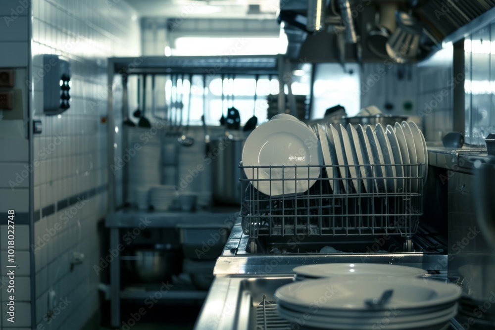Fototapeta premium A dimly lit commercial kitchen showcases stacks of clean dishes glistening in a dish rack, exuding efficiency and readiness.