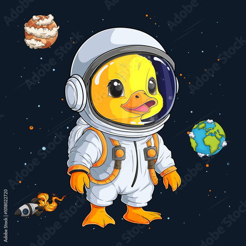 Hand drawn cute baby duck wearing astronaut spacesuit. cosmonaut duck over rocket, earth and planet