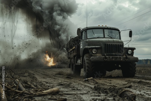 A rugged military truck speeds through a battlefield, enveloped in dramatic explosions and debris, conveying intensity and action.
